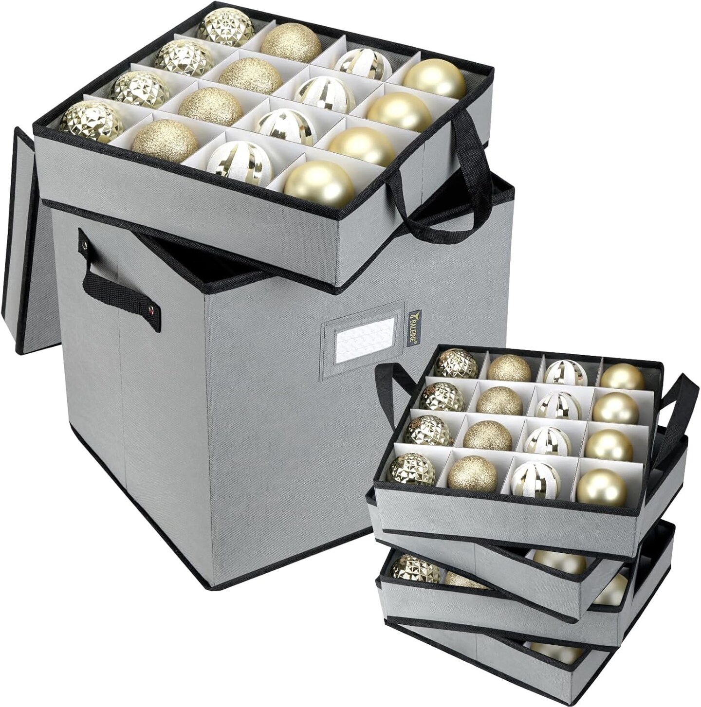Christmas Ornament Storage Box with Dividers, Premium Holiday Ornaments Storage Container Bin for Xmas Decorations (64 Ball, Grey)
