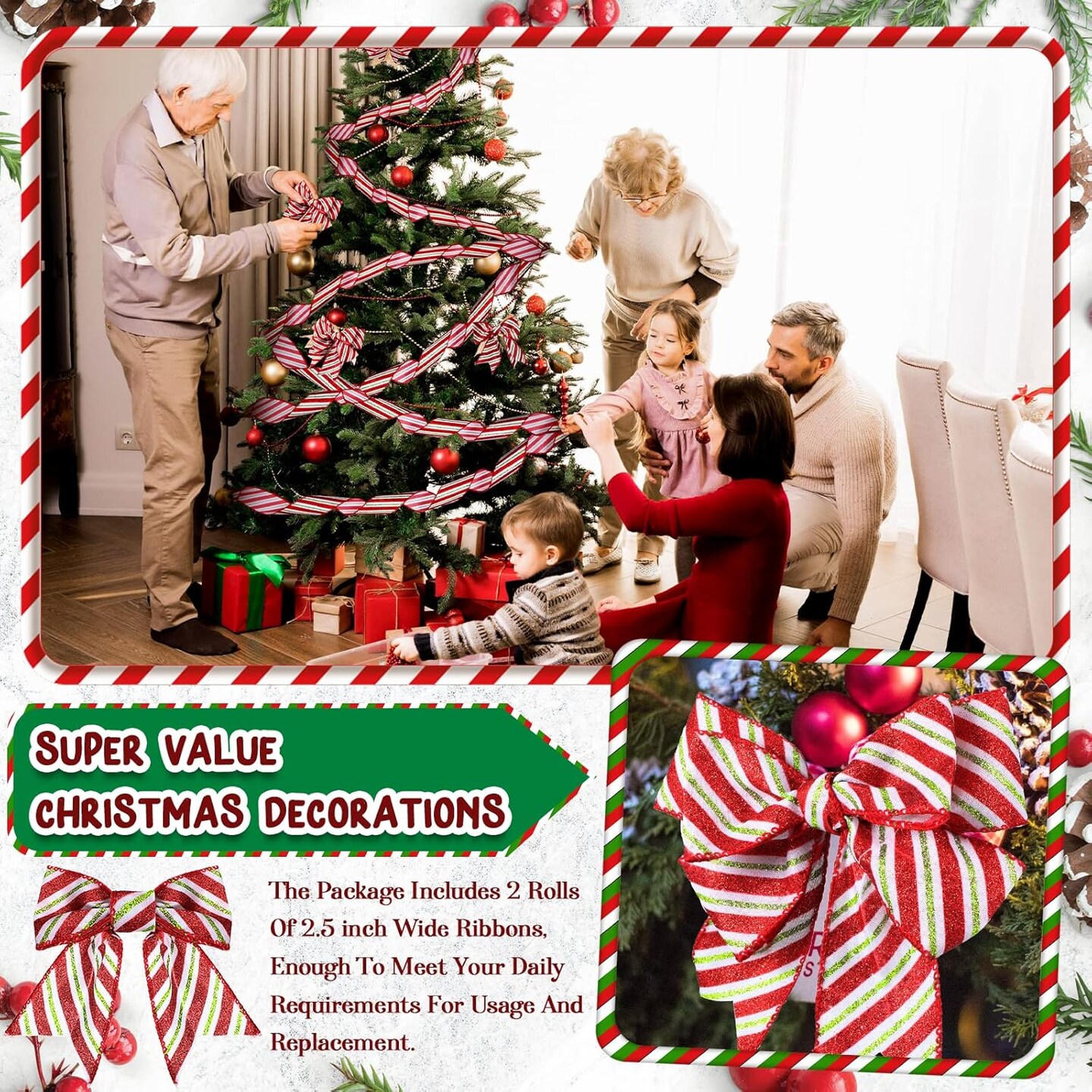 2 Rolls Christmas Wired Ribbon Red Green Stripe Glitter Ribbon Xmas Wrapping Burlap Decor for Home Party DIY Craft Bows, 2.5 Inch 20 Yards (White)