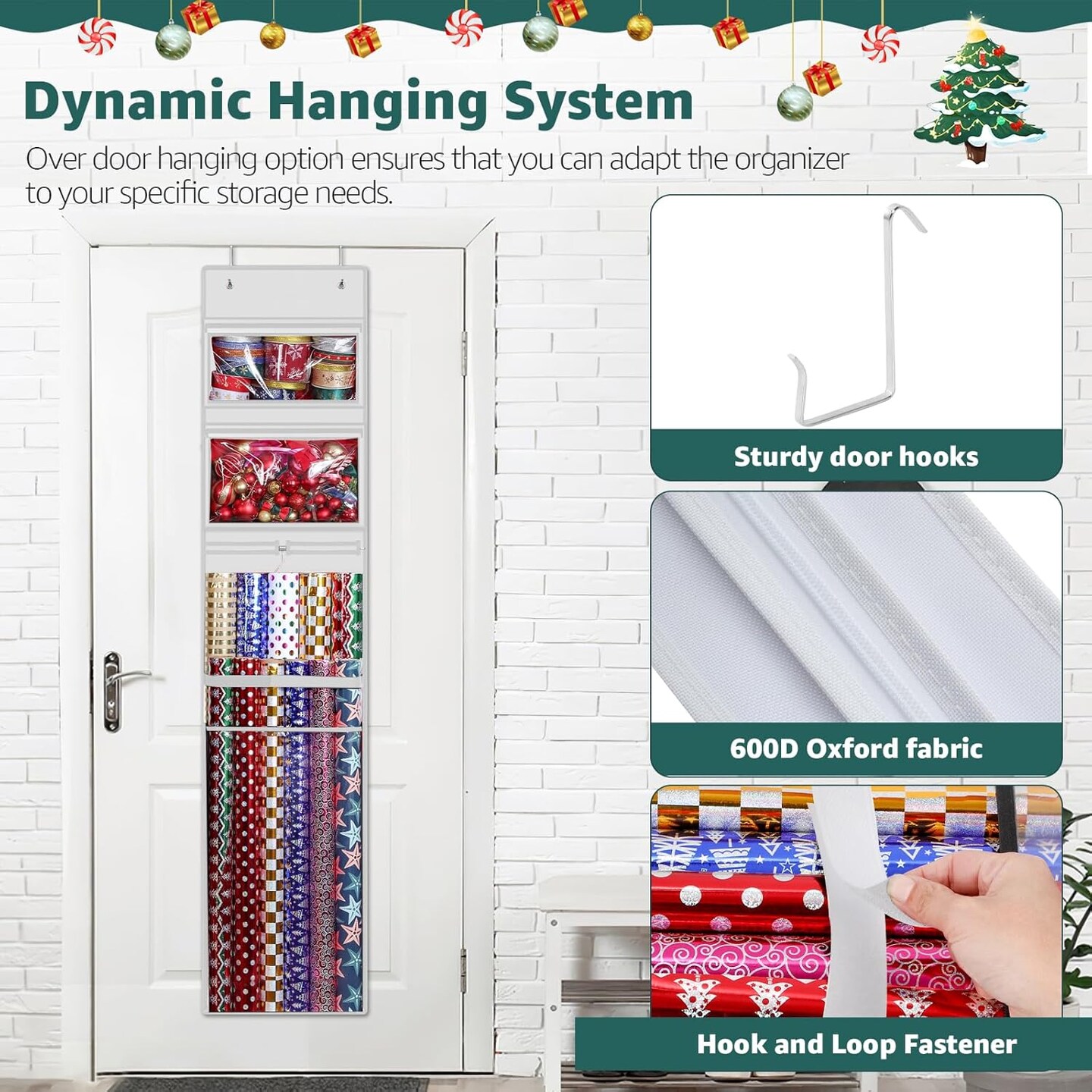Wrapping Paper Organizer Storage, Double-Sided Hanging Gift Wrap Roll Holder for Christmas, 63&#x22;x13&#x22; Over Door Present Bag Container for Room Closet, White Wrapper Station for Birthday