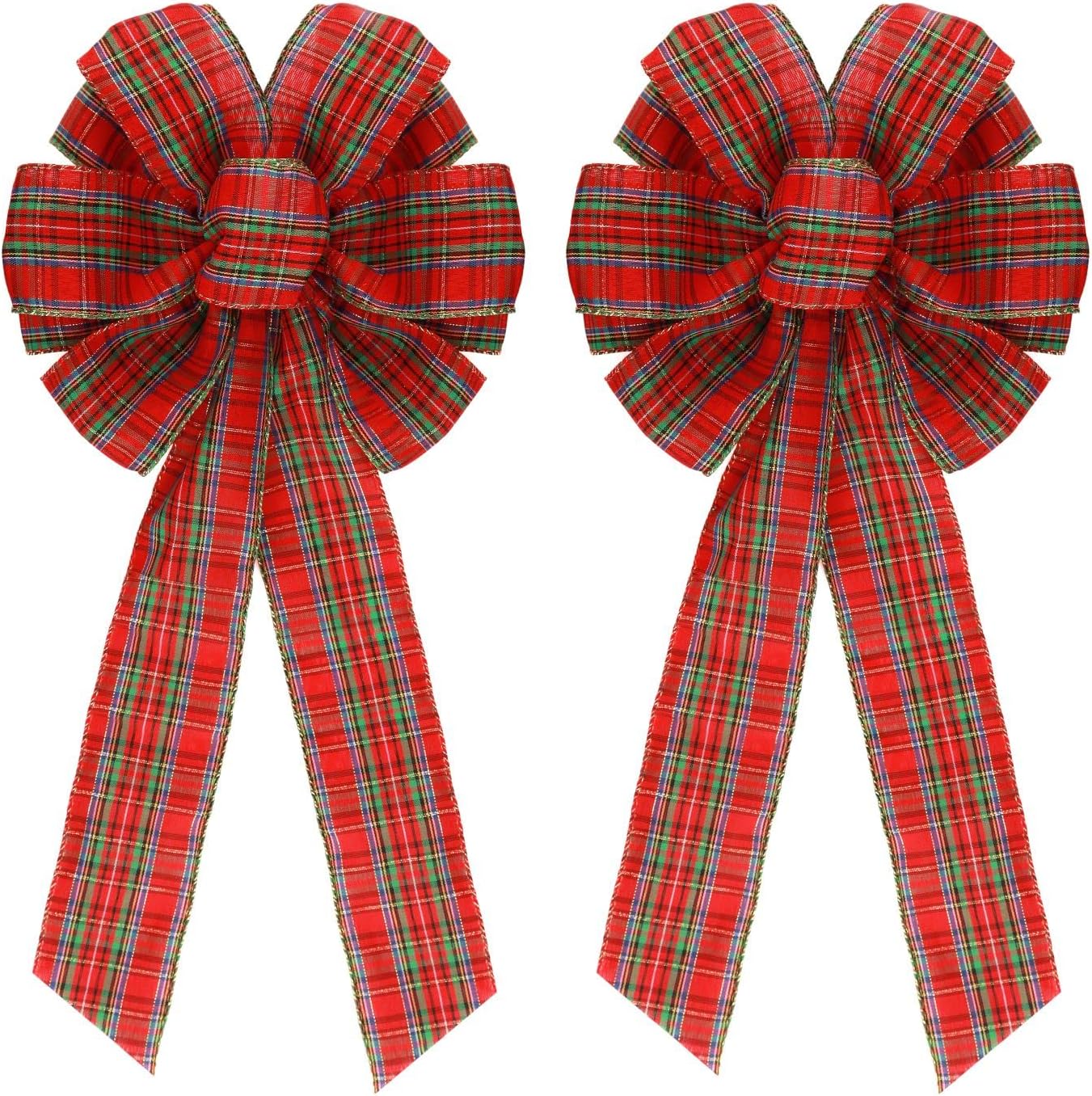 2 Pcs 16 x 8 Inch Large Christmas Red and Green Bows Gold Wreaths Bow for Gift Wrapping Tree Topper Front Door Home Decorations