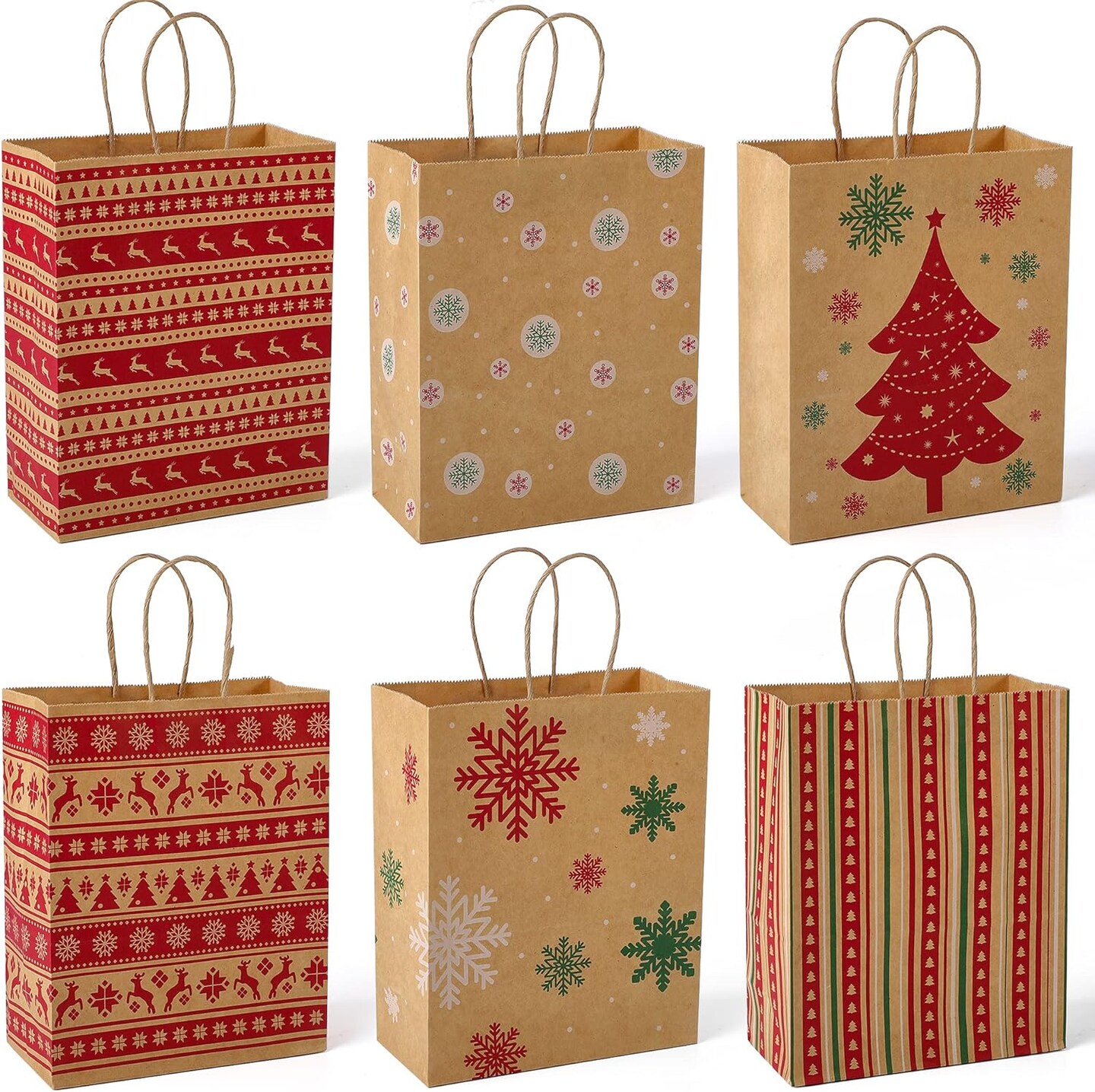 Christmas Gift bags 24Pcs 8.6x7x3.3&#x27;&#x27; Kraft Paper Bags with Handles Bulk, Christmas Bags for Gifts Holiday Gift Bags Xmas Goodie Bags, Party Favors, Candy, Treat Bags