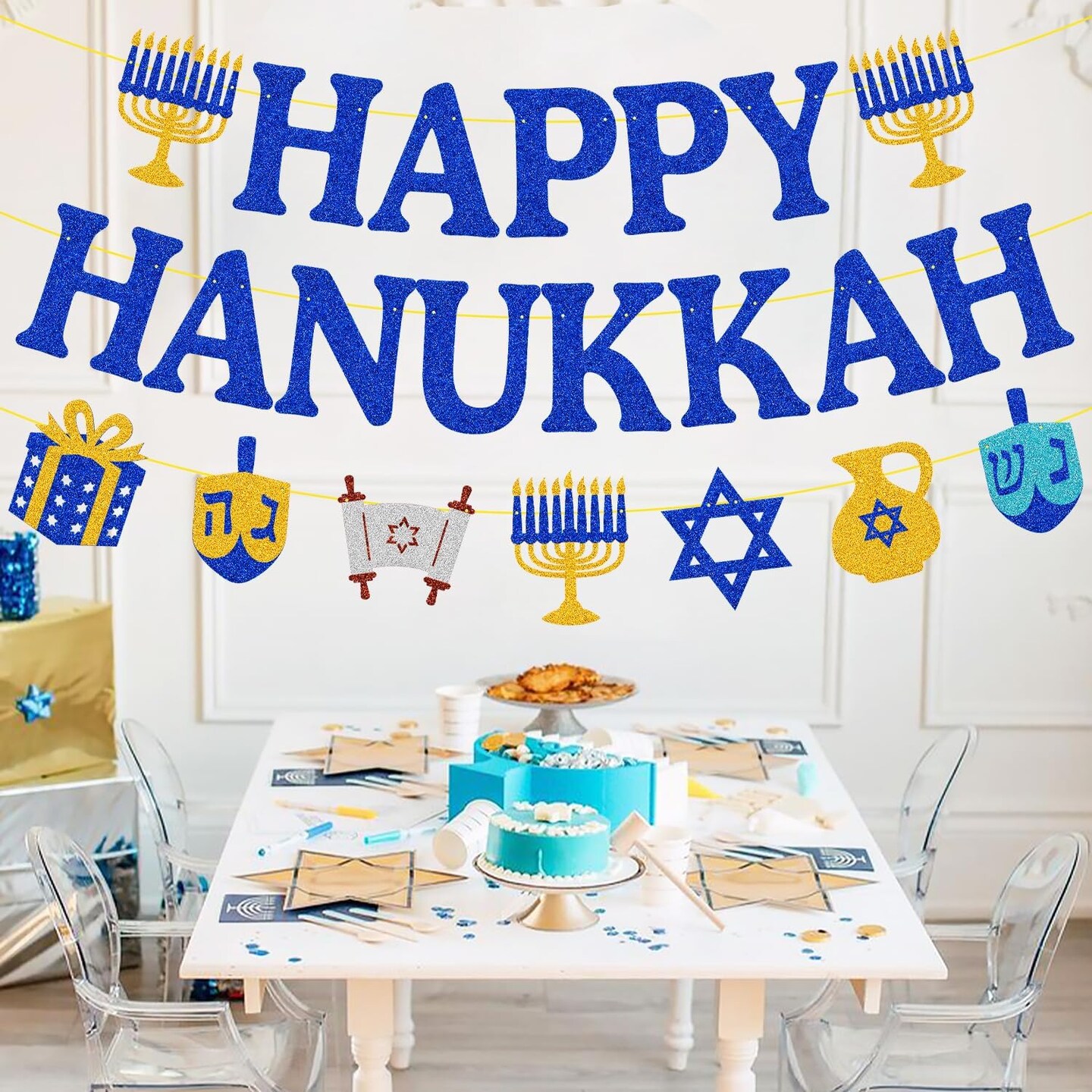 Happy Hanukkah Banner Chanukah Hanukkah Holiday Theme Garland Chanukah Festival Party Decorations Glitter Blue Jewish Christmas Party Supplies