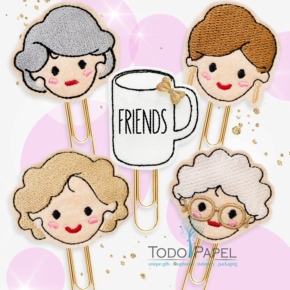 product name is Golden Friends Paper clips for Planners, Journals, Diaries, Agendas Girly Besties TV show Planner accessories best friends magnet or Brooch