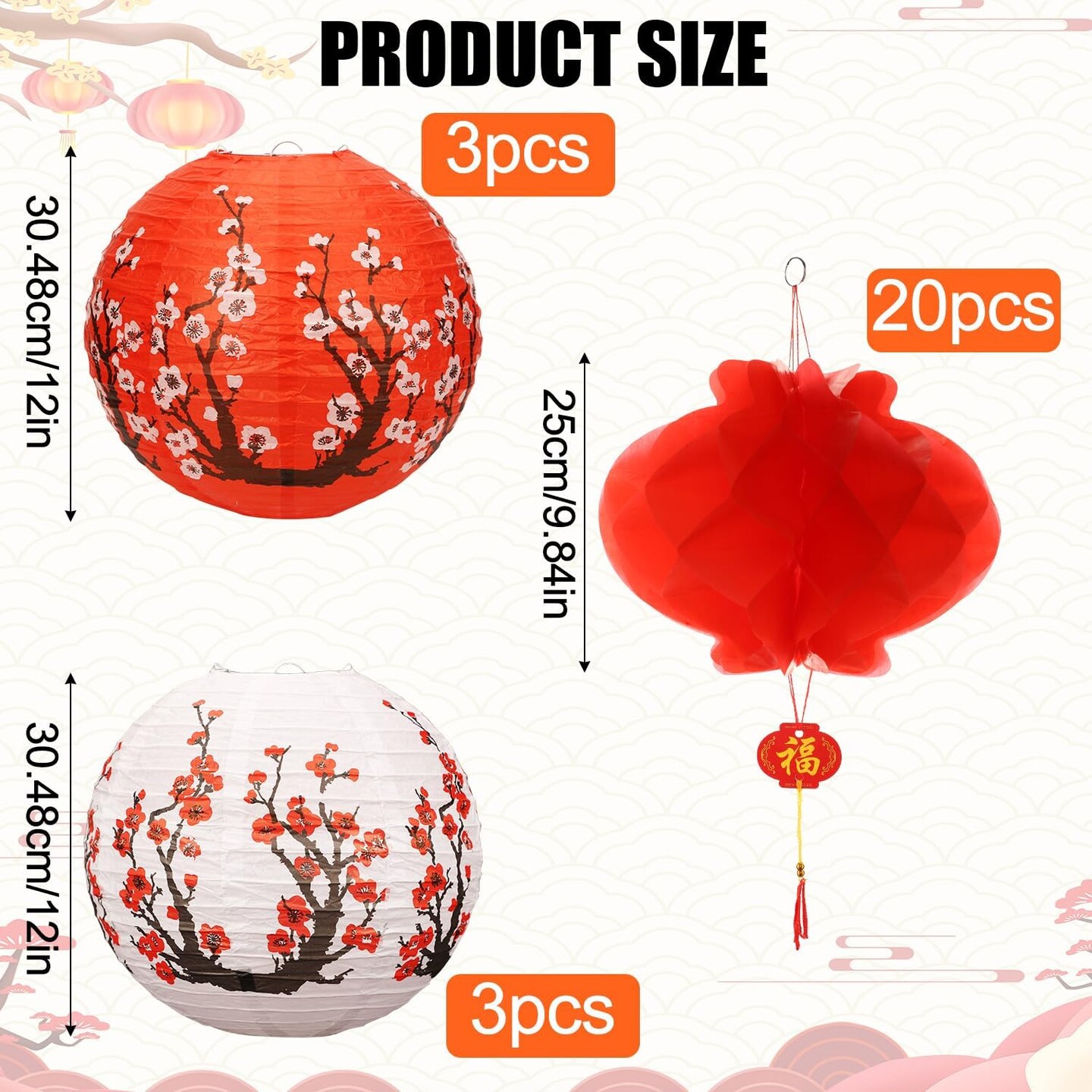 26pcs Chinese Lanterns, Elegant Plum Paper Lanterns Round Chinese Lanterns Spring Festival Lanterns Chinese New Year Lanterns for Spring Festival Decoration Outdoor (2 Types)