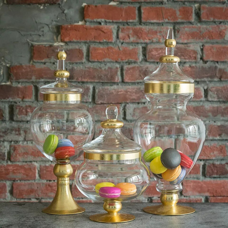 3 pcs 11" 16" 18" tall Clear Glass Gold Trim Apothecary Jars Candy Buffet