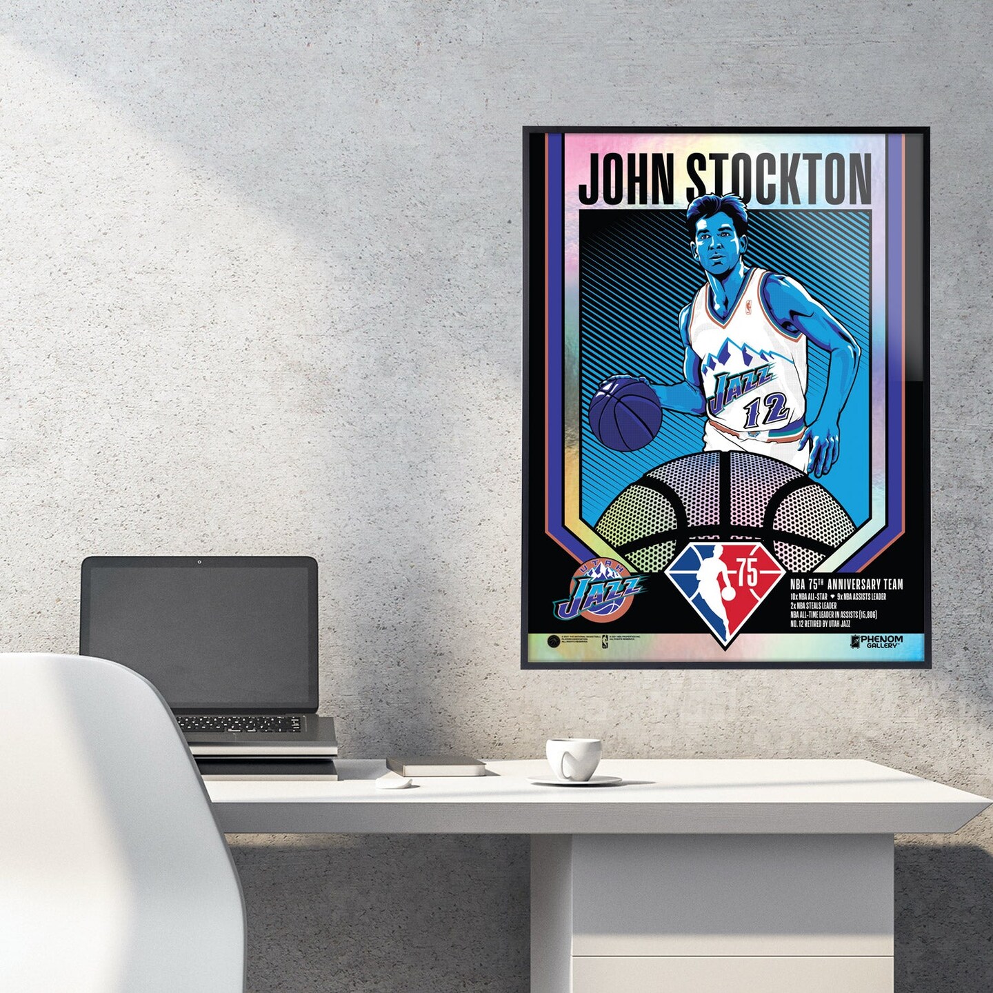 Phenom Gallery Utah Jazz 75th Anniversary John Stockton 18&#x22; x 24&#x22; Deluxe Framed Foil Serigraph (Printer Proof)