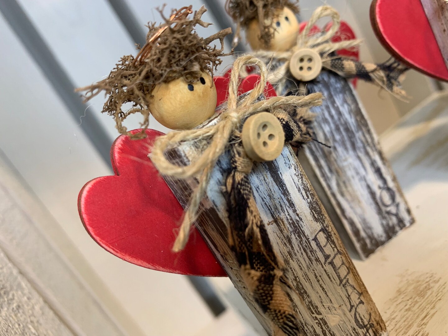 Rustic Small Wood Block Angel with Heart Wings; Stamped Love