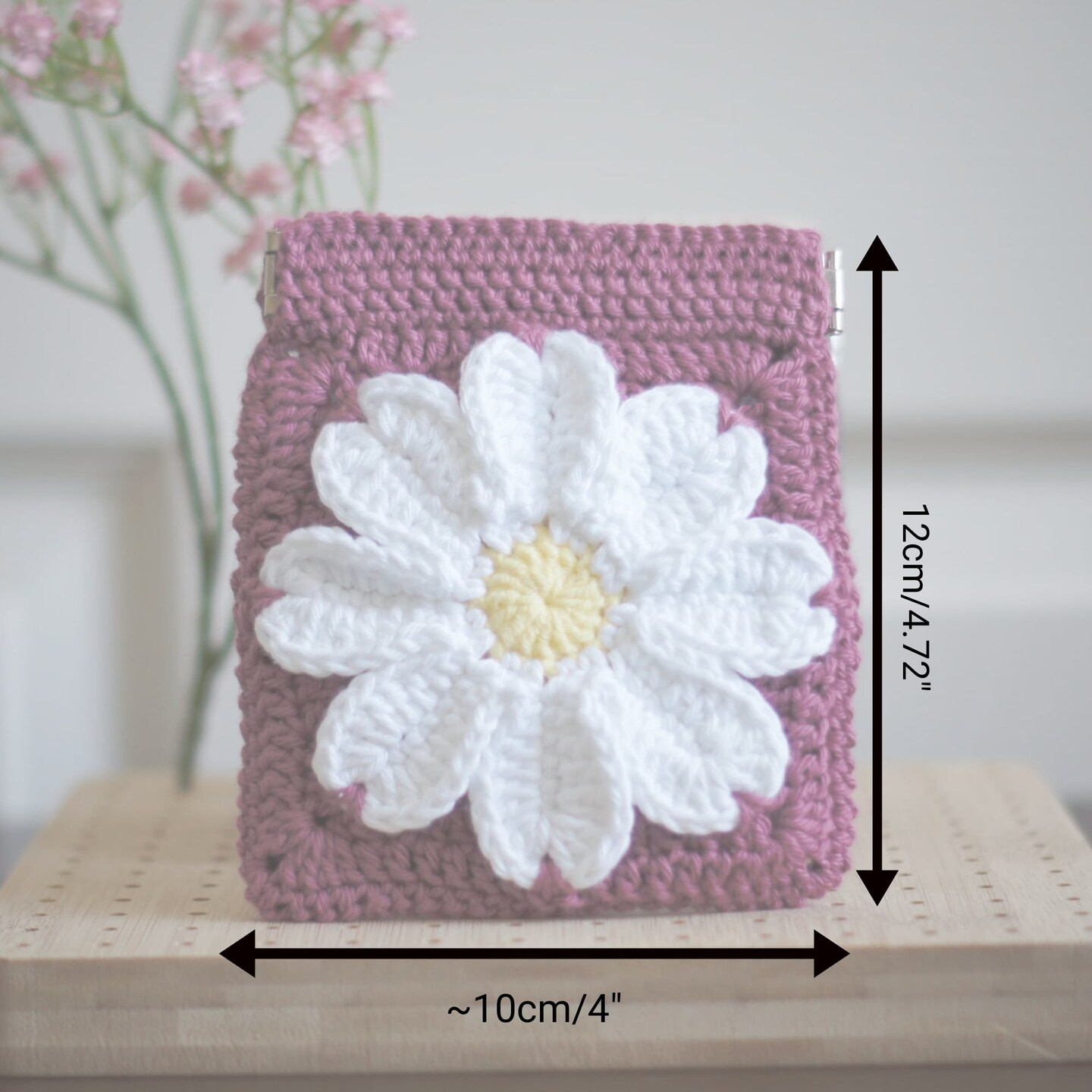Crochet Daisy Squeeze Pouch, Handmade Cotton Mini Granny Square