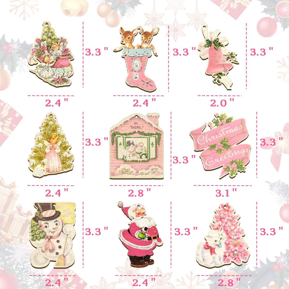 27Pcs Vintage Christmas Ornaments-Pink Christmas Decoration Vintage Style Santa Claus Snowman Deer Hanging Wooden Signs Pink Christmas Ornaments for Tree(Pink Christmas)