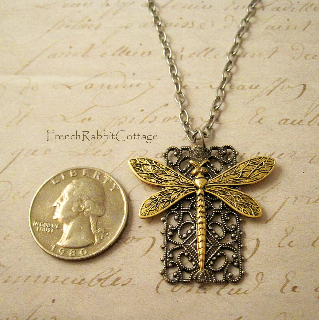 Dragonfly Filigree Necklace Pendant.  Victorian Style Statement Jewelry. Insect Bug Nature Jewelry Gift for Women. Mixed Metal Assemblage product 2