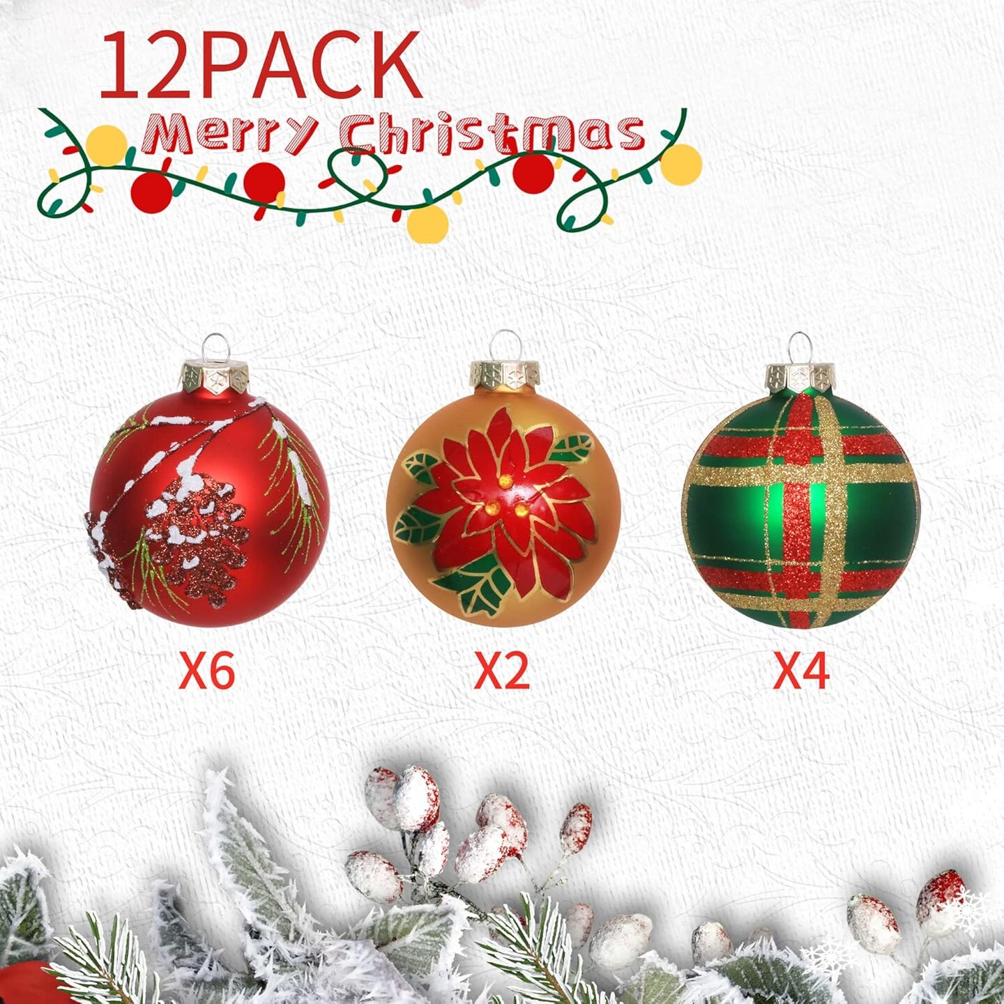 12-Piece Christmas Ornament Set - Colorful Glass Balls for Xmas Tree Decoration - Red, Golden &#x26; Green