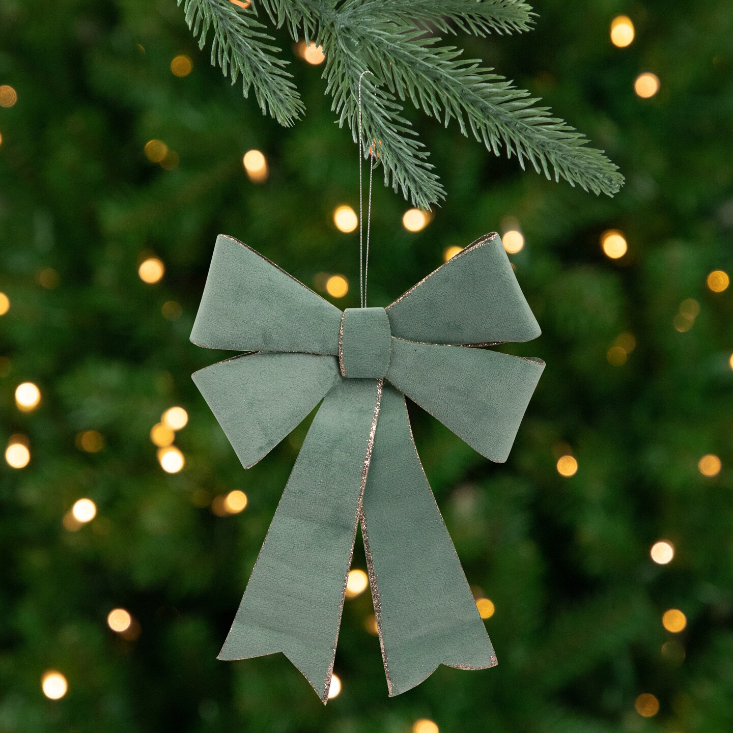 Northlight 10&#x22; Light Green and Gold Glitter Trimmed Velveteen Bow Christmas Ornament