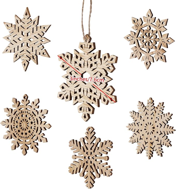 Hanging Wood Snowflake Crafts Hollowed Embellishments for Christmas Tree Decor, 3inch, Wood