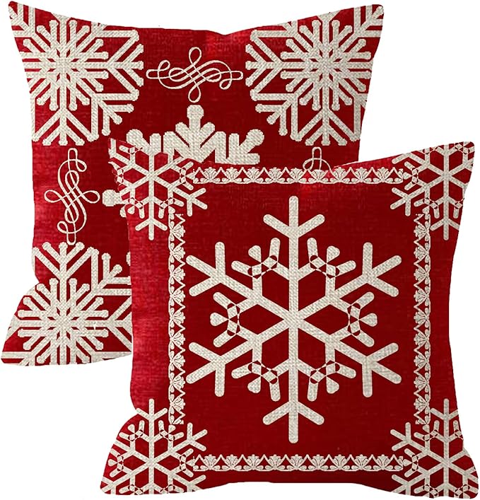 Set of 2 Sister Birthday Gift Joy Peace Noel Beautiful Snowflakes Body Red Cotton Burlap Linen Throw Pillow Case Cushion Cover Sofa Outdoor Decorative Square 18X18 Inches