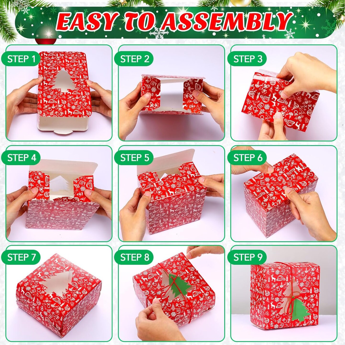 48 Set Christmas Bakery Boxes Bulk 5x5x3 Inch with Christmas Tree Tags and Rope Clear PVC Window Christmas Cupcake Boxes Containers for Christmas Cookie Goodie Candy Package Party Treat Gift