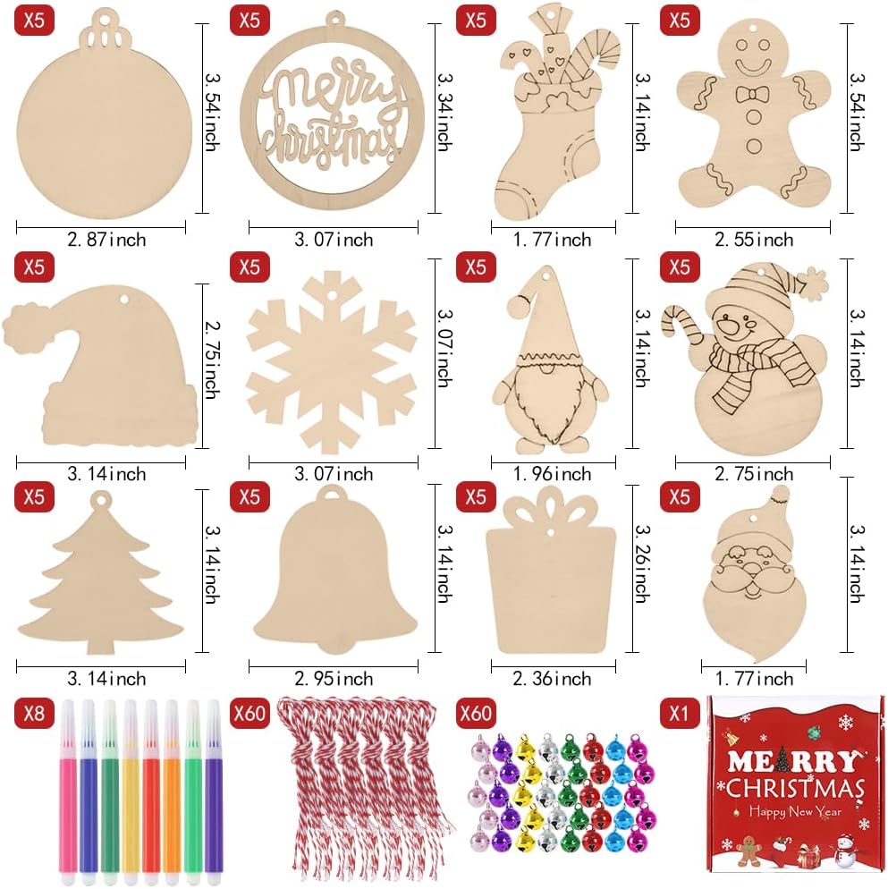 60pcs Wooden Christmas Ornaments, Unfinished Wood Ornaments with 12 Styles, DIY Christmas Ornaments Kits with Bells, Colored Pens and Ropes, Unfinished Wood Crafts for Kids and Adults