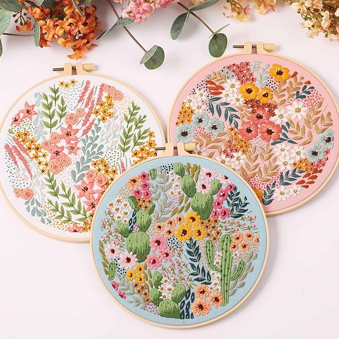 Patterns and Instructions, DIY Adult Cross Stitch Kits Beginner, Including 3 Plastic Embroidery Rings, 1 Scissors, Colored Threads and Needles