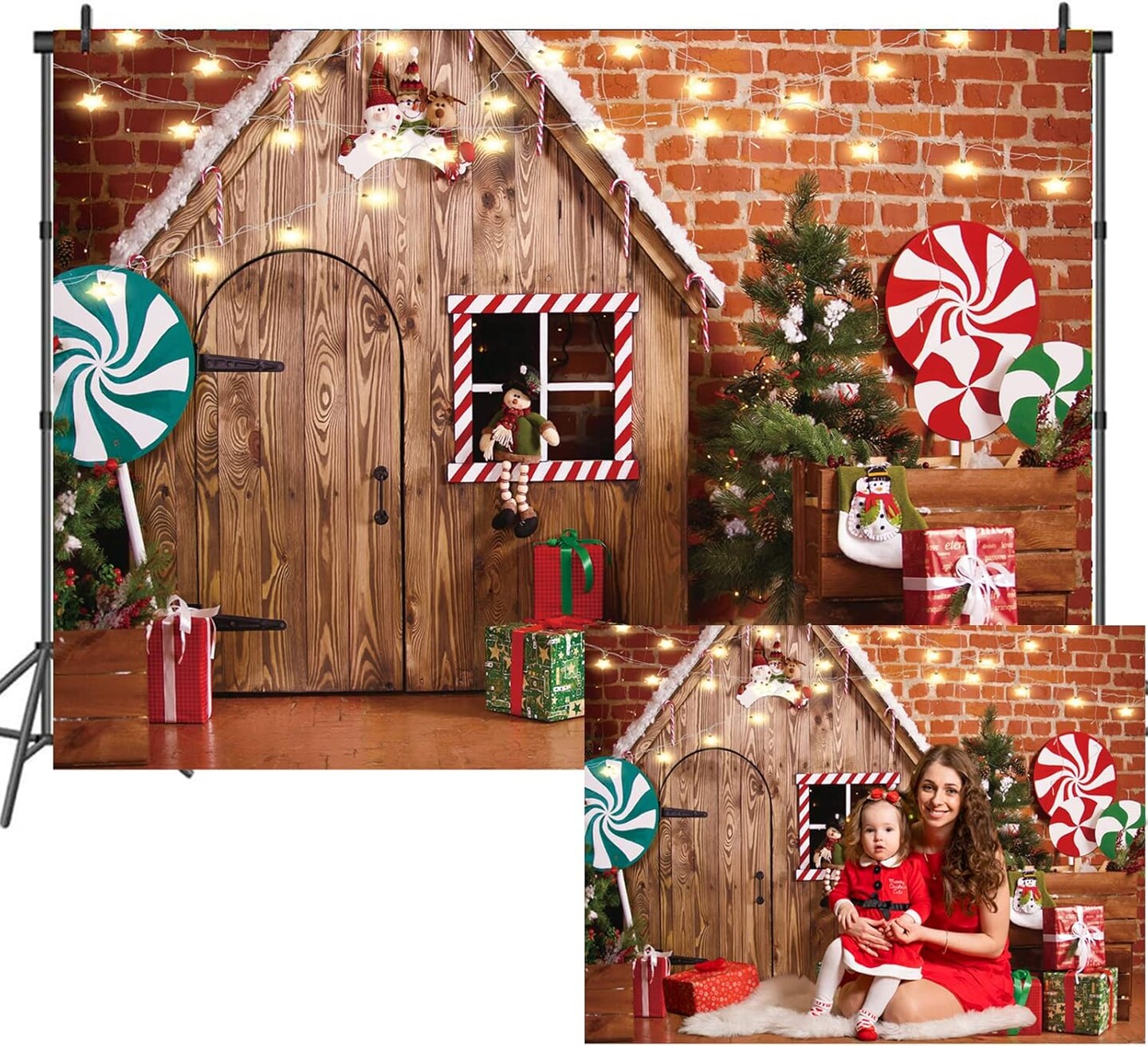 8X6ft Christmas Fabric Photography Backdrop Gingerbread House Candy Tree and Gifts for Kids Portrait Photo Studio Booth Photographer Props