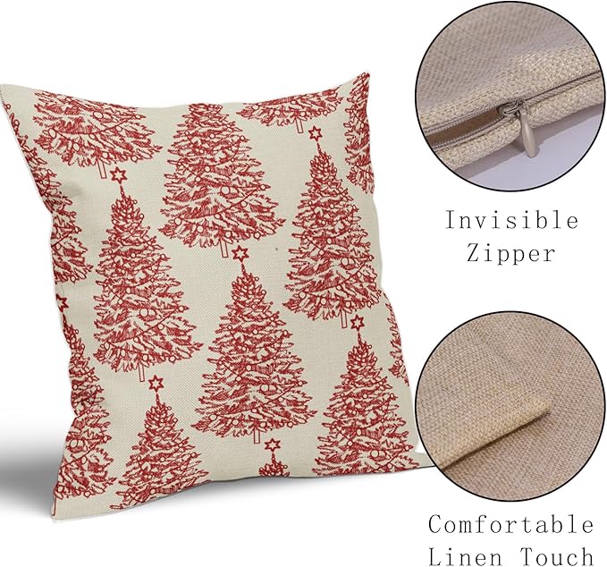 Christmas Pillow Covers 18x18 Set of 2 Red Xmas Tree Star Rustic Winter Print Decorative Outdoor Pillowcases Farmhouse Vintage Holiday Decorations Throw Cushion Case Decor for Couch Sofa Bed