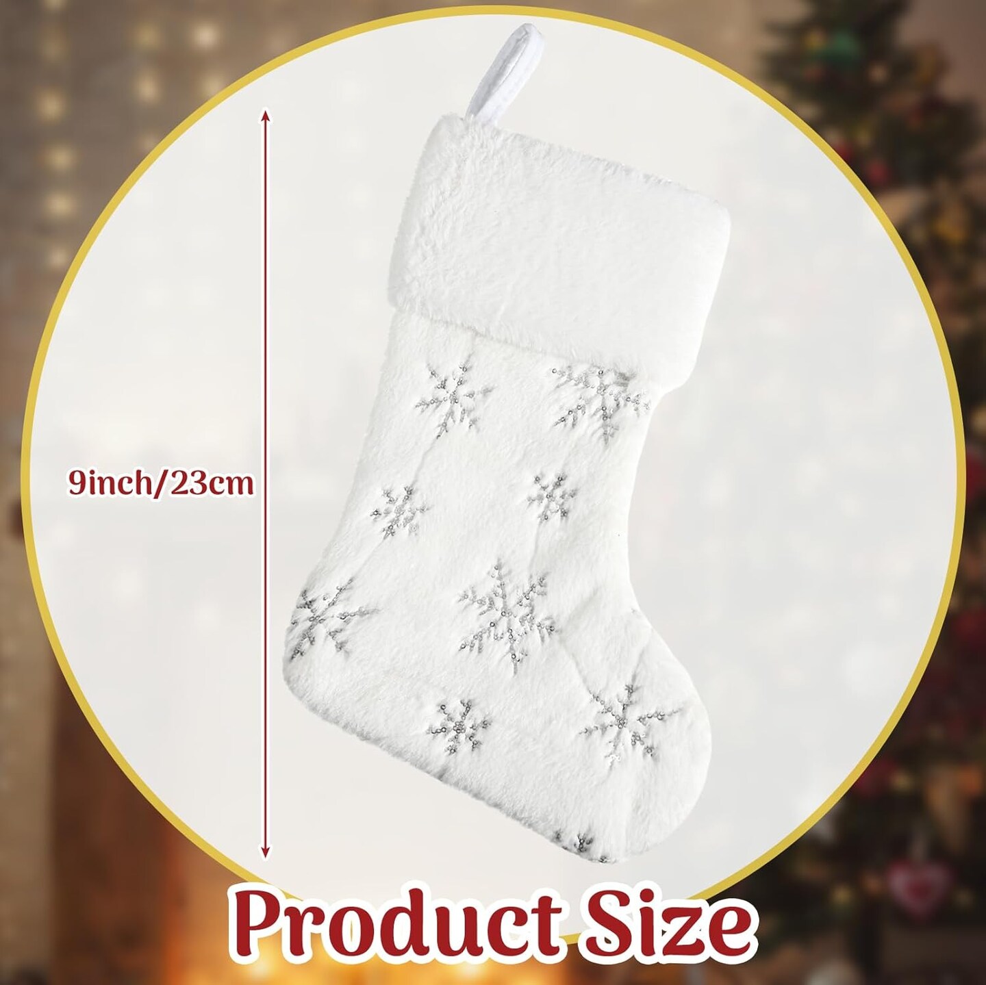12 Pcs 9 Inch Mini Christmas Stockings Faux Fur Xmas Stockings Small Plush Sequin Snowflake Stockings for Family Holiday Party Hanging Decoration Decor Gift (White, Silver)