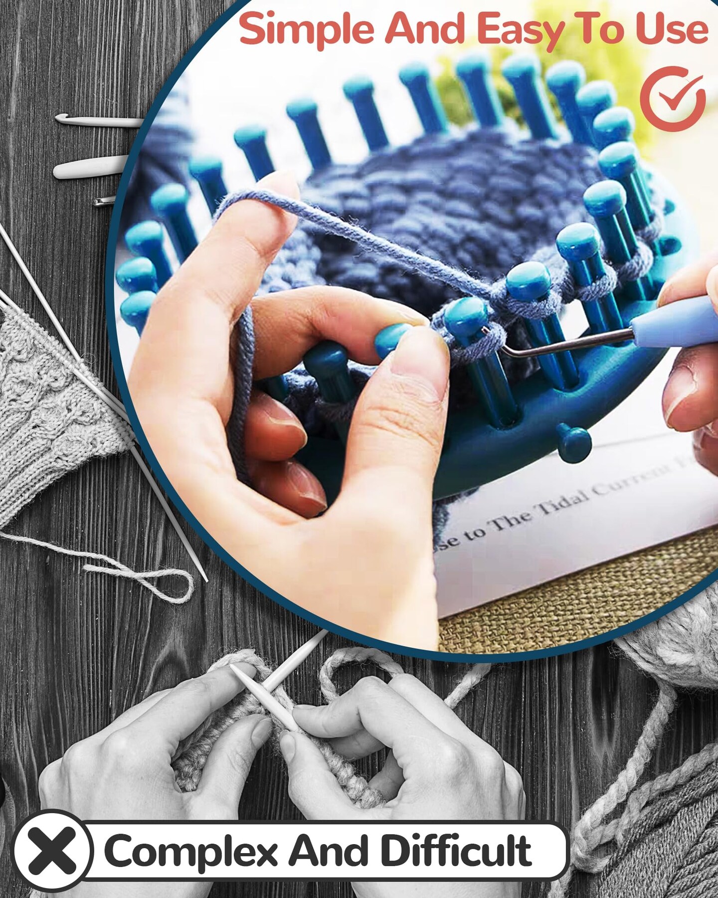 UCDRMA Loom Knitting Kit with Yarn, 23PCS Round Knitting Loom Kit for Beginners Including Instructions and Pom Pom Maker, Easy & Quick Hat Knitting Loom Set/Scarf Loom Knitting Set for Family