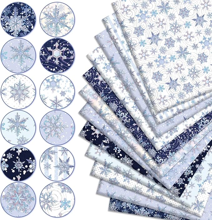 12Pcs Winter Cotton Fabric Bundles Blue Purple Snowflake Fat Quarter Xmas Winter Quilting Patchwork for DIY Handmade Sewing Crafting, 18 x 22 Inch