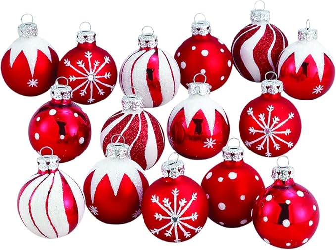 Red/White Decorated Glass Ball Ornament Set of 15, 15 Count for Christmas