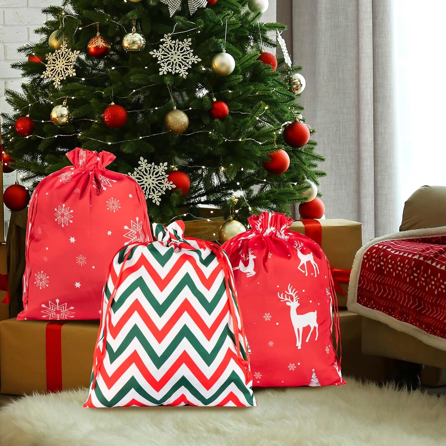 3 Pack 20x16 inches Christmas Big Cotton Gift Bags With Drawstrings,Reusable Holiday Fabric gift bags,Christmas Giant Gift Bags Large Present Bags for Xmas Presents Party Favor