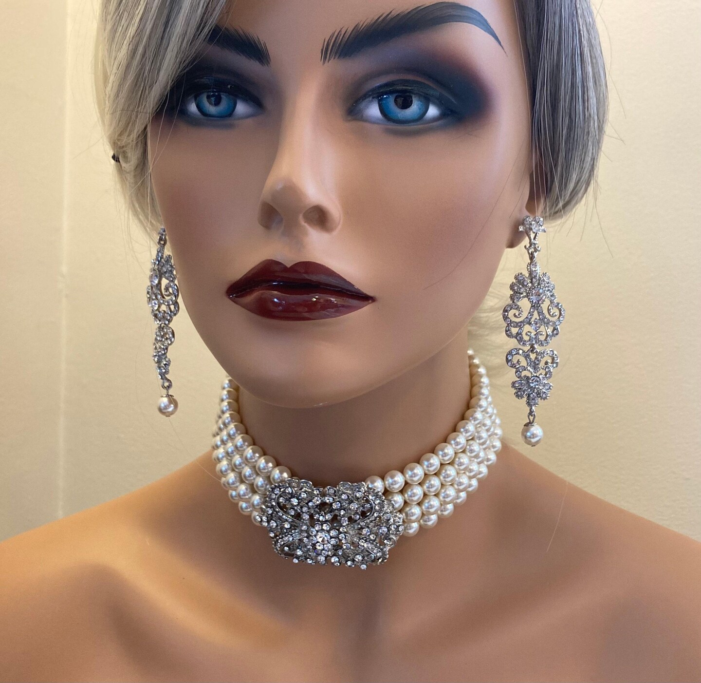 Pearl Choker 4 strands of layered pearls silver Art Deco rhinestone brooch cream ivory pearls perfect wedding pearl necklace gift for her product 5