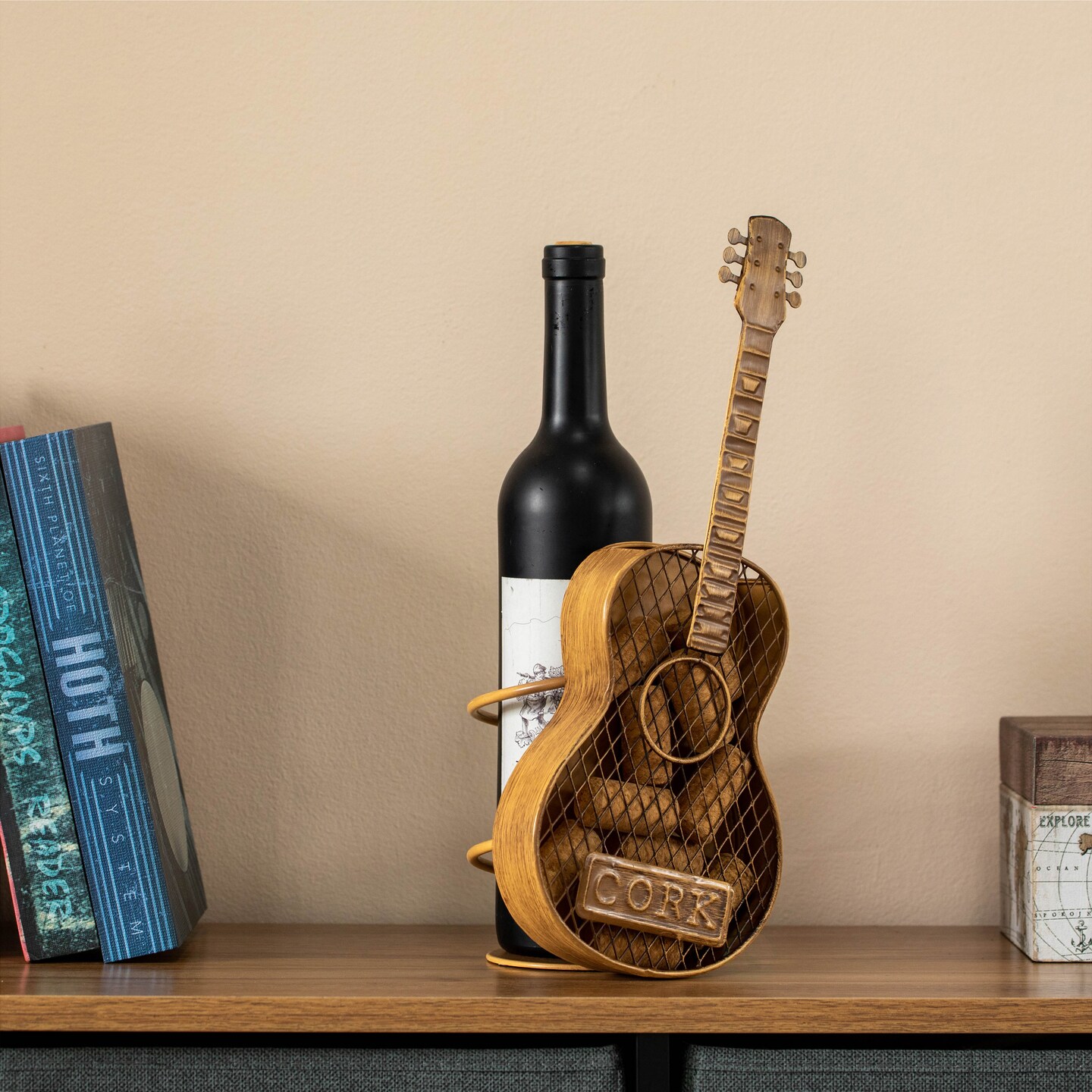 Vintiquewise Decorative Metal Guitar Shape Wine Bottle and Cork Holder &#x2013; A Unique Home Decor Piece and Countertop Accessory for Kitchens, Bars, and Dining Rooms, Great Collection for Wine Lovers