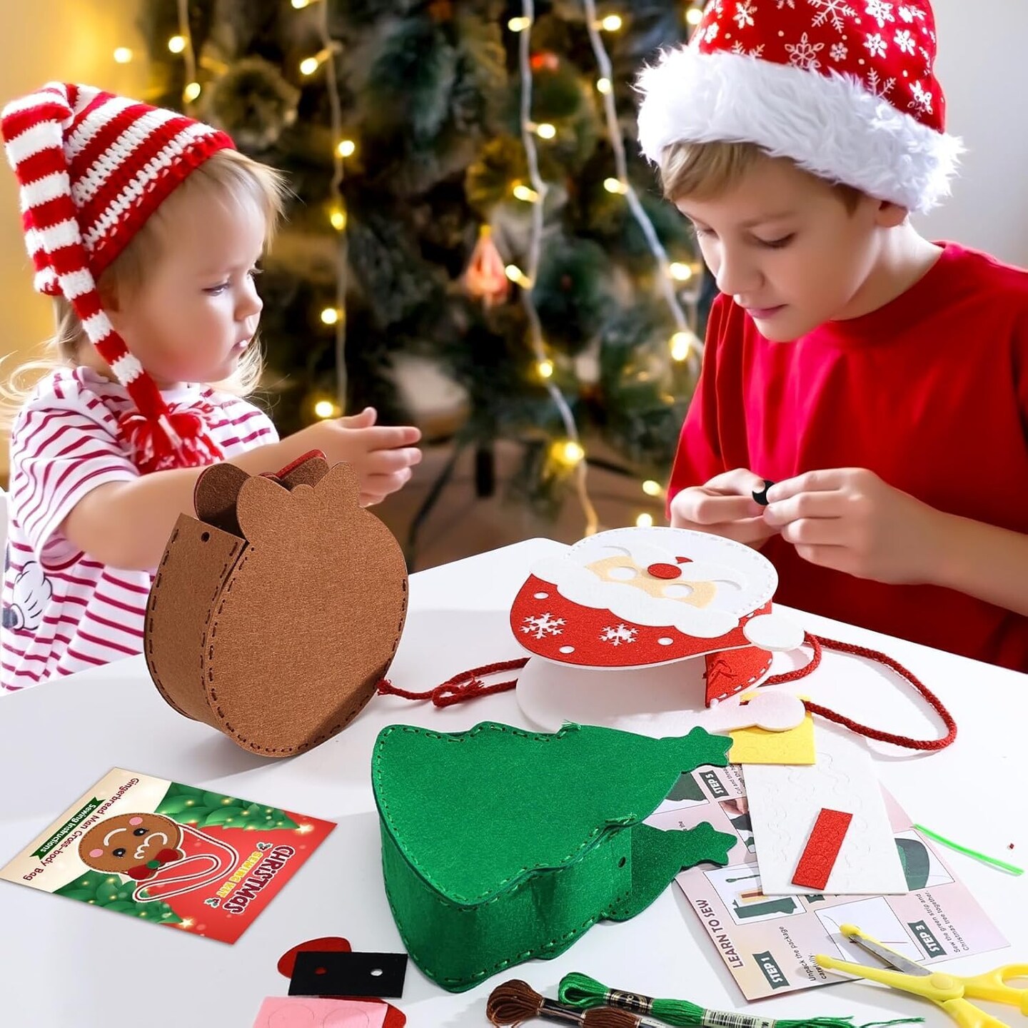 Sewing Kit for Kids Christmas Toddlers Felt Bags DIY Set for Girls and Boys Preschool Educational Beginners Sewing Kit Xmas Holiday Activity Gift Supplies 6PCS