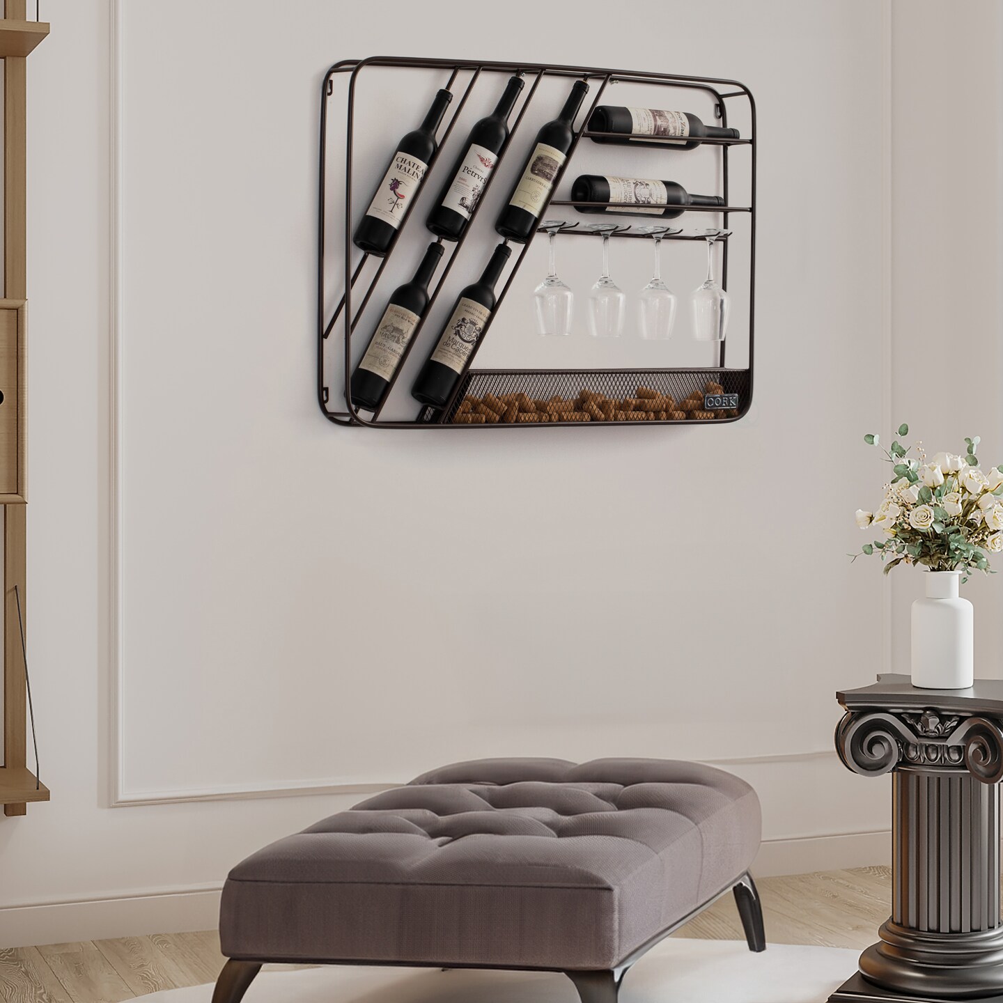 Vintiquewise Vintage-Inspired Decorative Metal Wall-Mounted Wine Rack with Cork and Wine Glass Holder, Featuring a Floorstanding Display Option for Versatile and Stylish Wine Storage, Brown