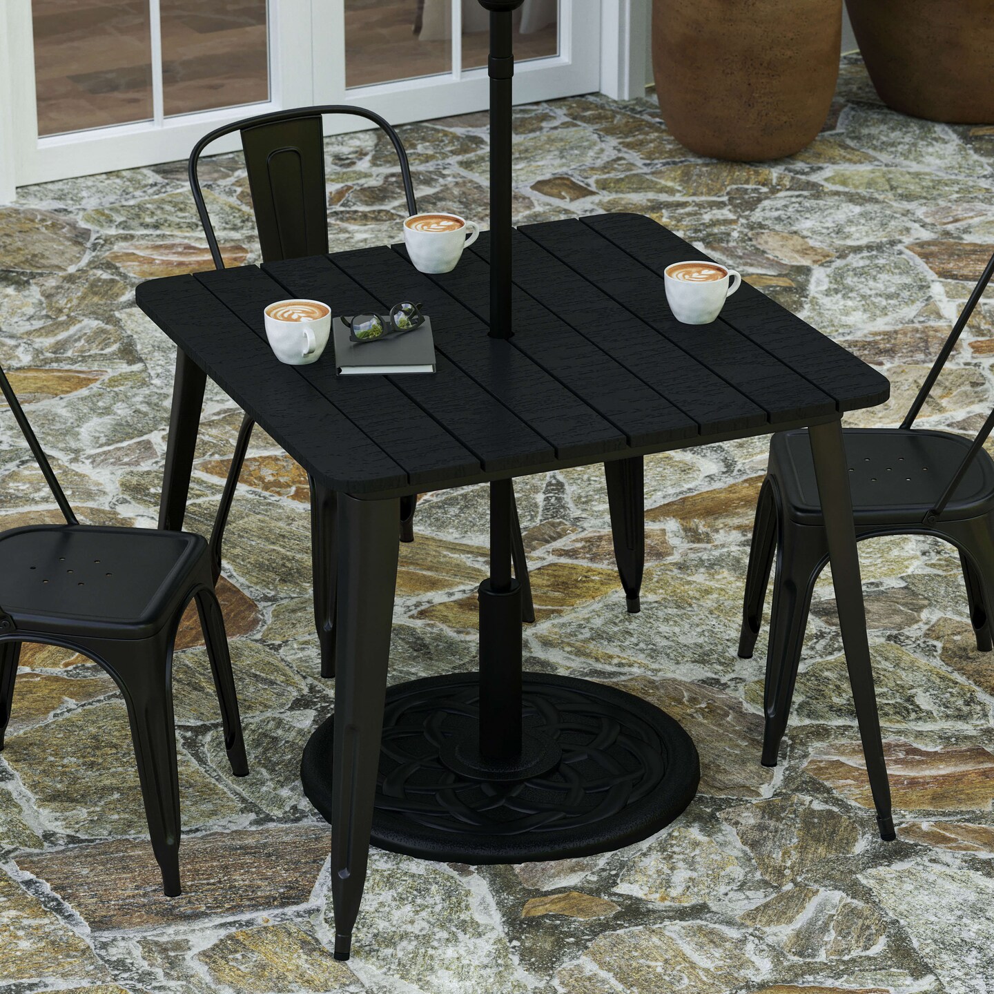Merrick Lane Dryden Indoor/Outdoor Dining Table with Umbrella Hole, 36&#x22; Square All Weather Poly Resin Top and Steel Base
