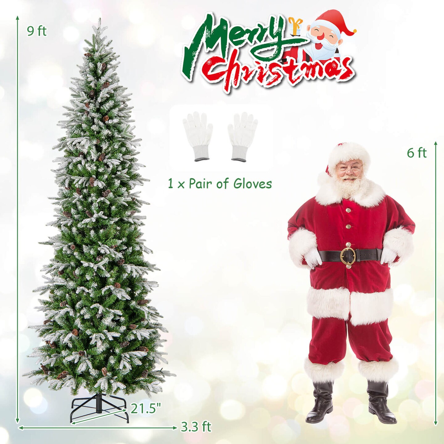 Costway 6/7.5/9 FT Flocked Christmas Tree with 671/913/1310 PE PVC Branch Tips 280/350/470 Warm White LED Lights