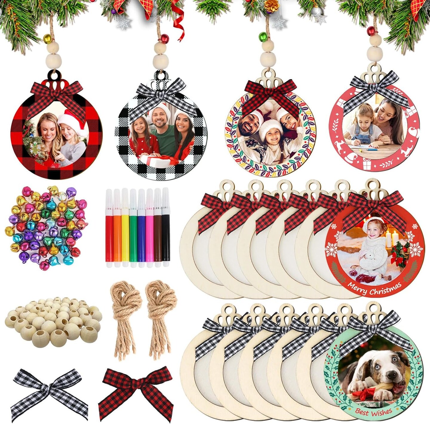 24PCS Christmas Picture Frame Ornaments for Christmas Tree, DIY Unfinished Wooden Photo Frame with Beads Bowknot and Colored Markers to Paint, Decorative Hanging Ornaments for Xmas Tree Decor