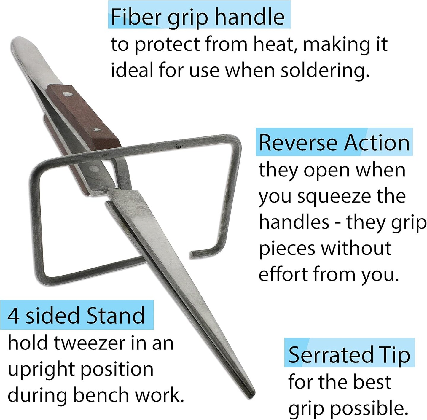 The Beadsmith Soldering Tweezers – 4-Sided Stand – 6.5 inches Long – Serrated Tip – Fiber Grip Handle – Precision Tool for Handling Stones During Soldering and Jewelry Making