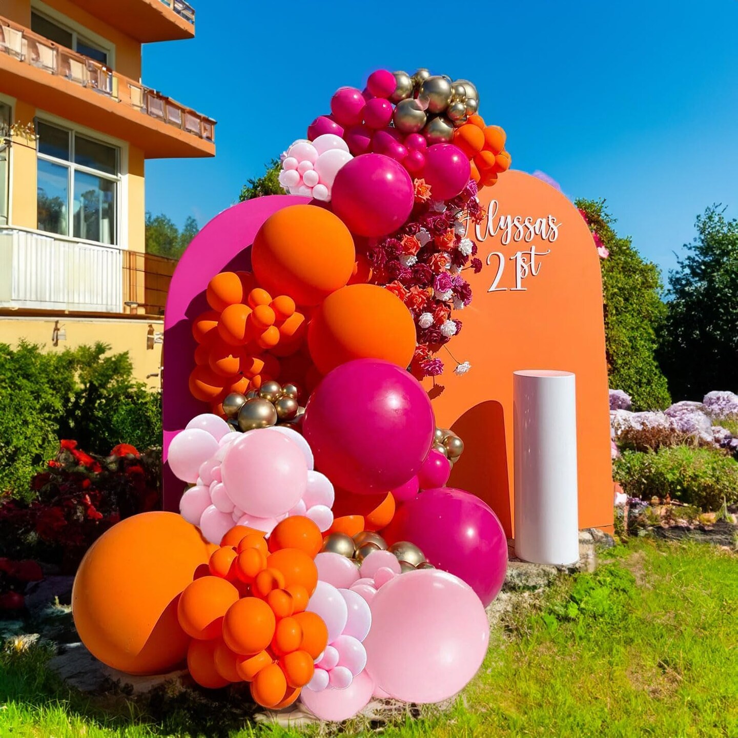 Pink Orange Balloon Arch Balloon Garland Kit Hot Pink Gold Confetti Globos Magenta Stuff For Summer Tropical Luau,Groovy Bachelorette, Sunset Baby Shower,Graduation Party Decorations