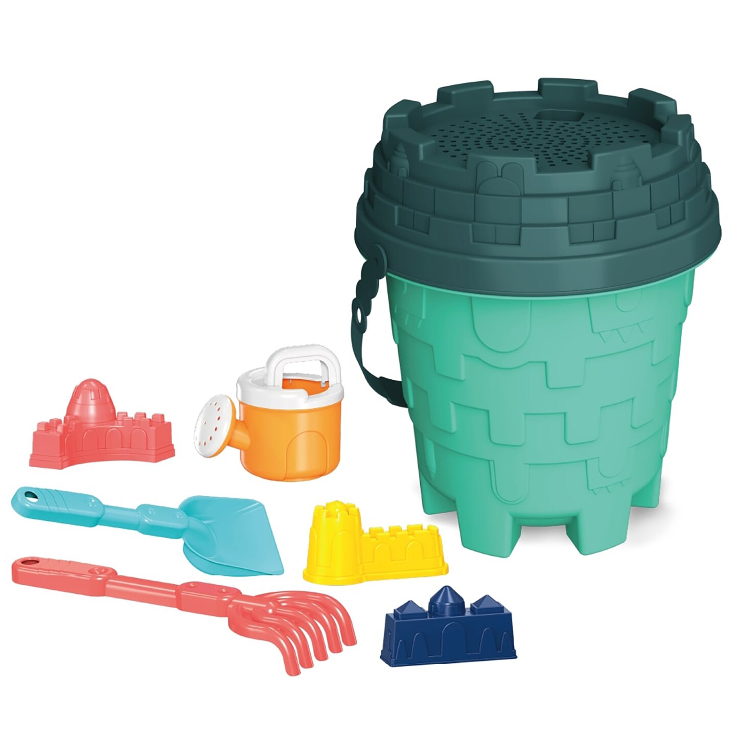 Nothing But Fun Toys: Splash N' Dig Sand Set - Beach & Water Play, Bucket, 3 Castle Mold Toys, Sifter, Rake, Shovel, Watering Pail, Kids & Toddlers 2+