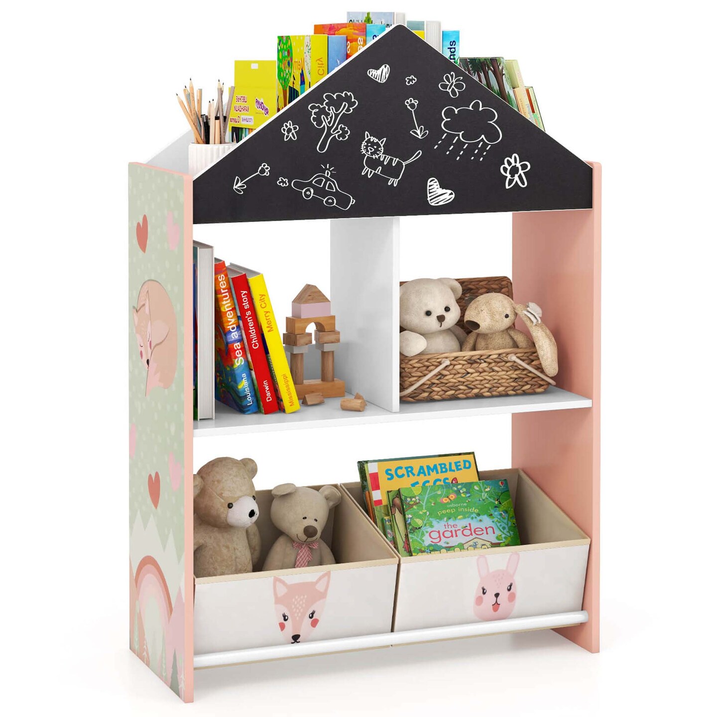 Costway Kids Dollhouse Bookshelf with Writable Chalkboard Whiteboard 4 Top Compartments Gray/Pink