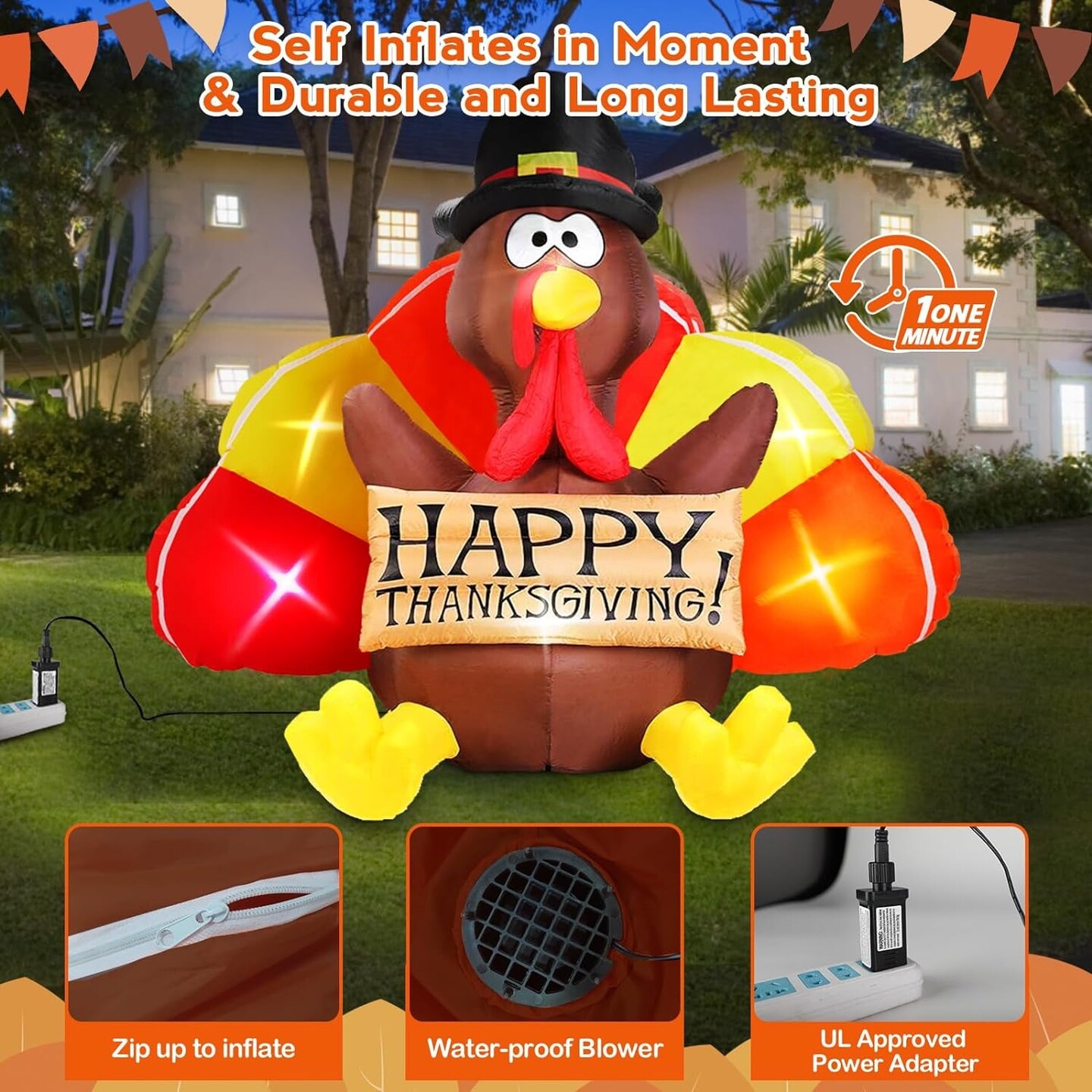 6 FT Thanksgiving Inflatables Turkey Outdoor Decorations with Colorful Big Tail &#x26; Pilgrim Hat, Built-In Leds Blow up Turkey Inflatable Yard Decoration for outside Fall Harvest Holiday Decor