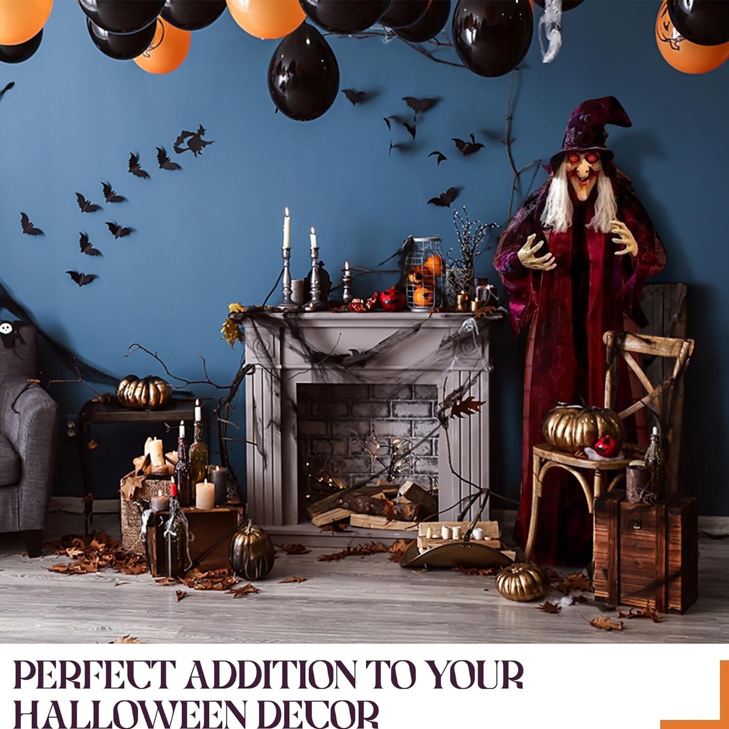 Life Size Hanging Talking Witch - Animated Halloween Witch with Sound Activation and Red Eyes for Outdoor &#x26; Indoor Decor - Old, Spooky and Scary Flying Animatronic Witch for Halloween Decorations