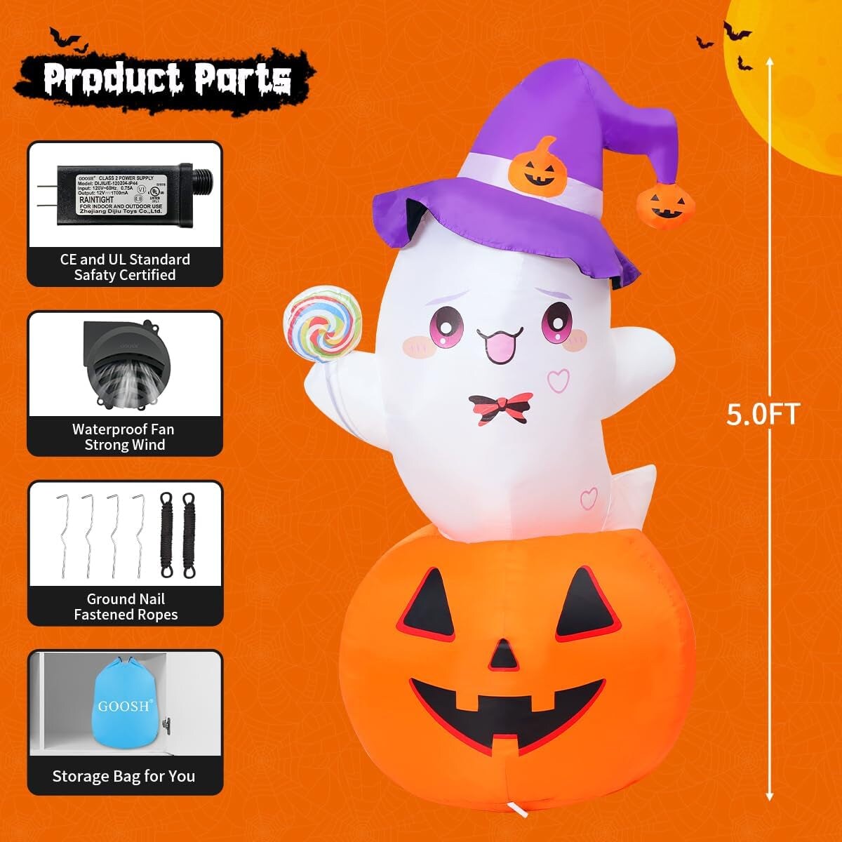 5 FT Halloween Inflatables Ghost Outdoor Decorations Blow up Yard Cute Ghost Sitting on Pumpkin Helding a Lollipop with Built-In Leds for Garden Lawn Indoor Party Decor