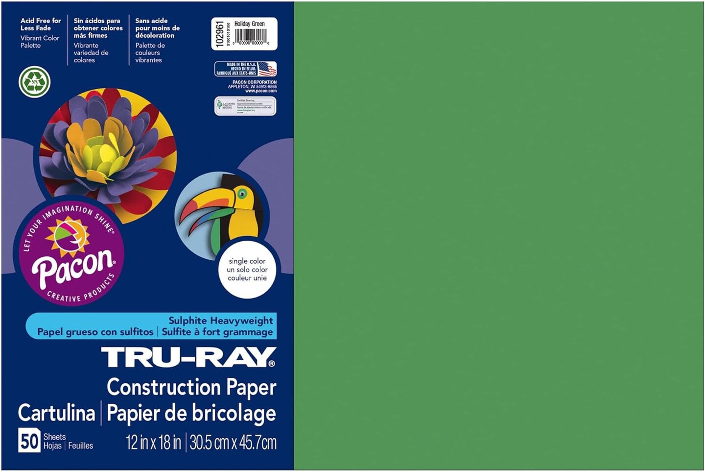 Pacon 102961 Construction Paper, 76 Lbs., 12 X 18, Holiday Green, 50 Sheets/Pack