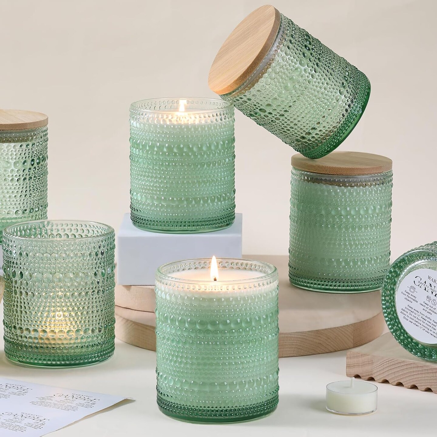 8 Pack 14 OZ Empty Glass Candle Making Jars with Bamboo Lids and Labels (Green) 3.3 x 3.3 x 3.9 inches