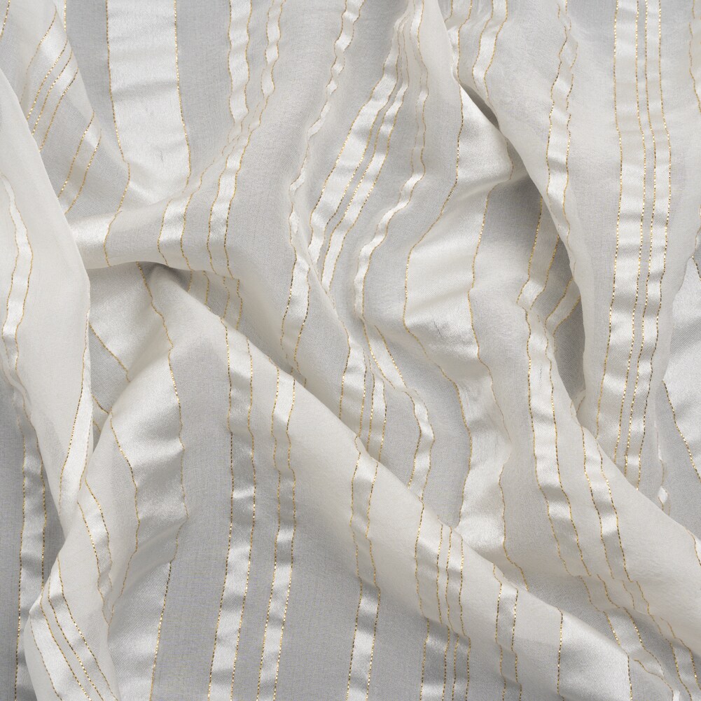 1 Yard White Gold Satin Burnout Stripe Silk Woven Fabric for Blouses Dresses 55" Width