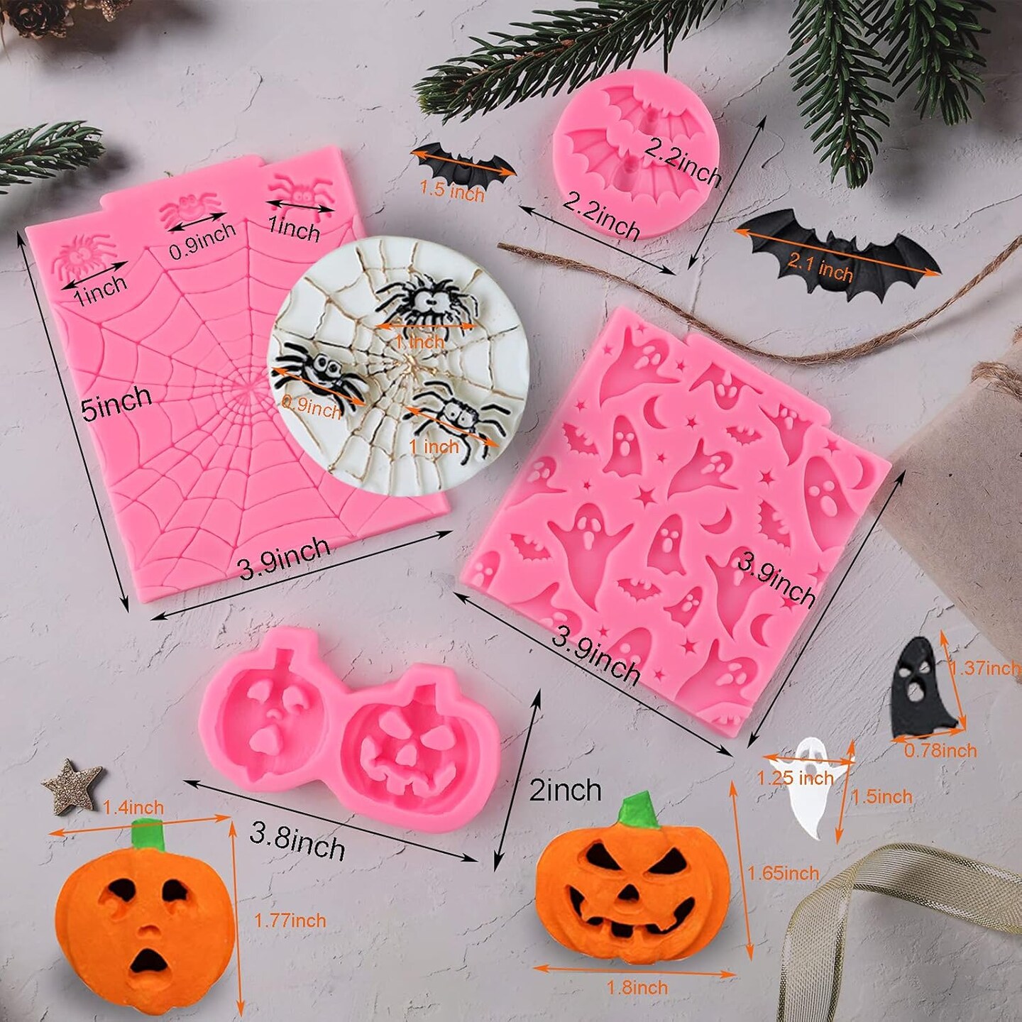 Halloween Silicone Mold 7 Pack Pumpkin Silicone Cake Mold Cupcake Chocolate Mold Skull Batskeleton Hand Bat Ghost Witch Candy Mold for Halloween Party