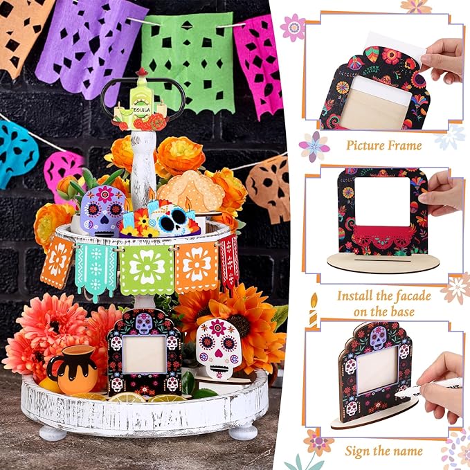 12 Pcs Day of The Dead Tiered Tray Decorations Dia De Los Muertos Decor Garlands Skull Candles Alter Picture Frame Wooden Tabletop Ofrenda Centerpieces for Dia De Los Muertos Party