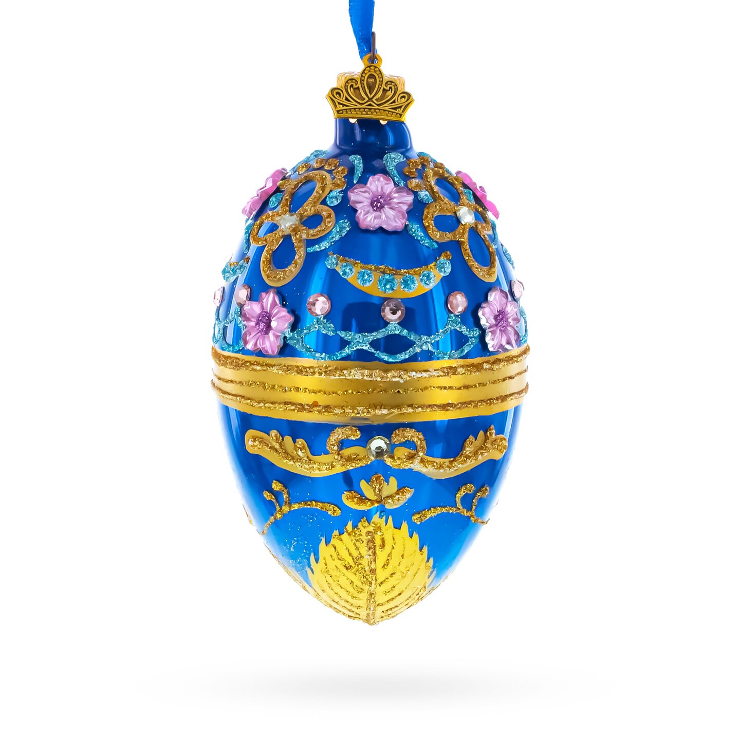 Flowers on Glossy Blue Glass Egg Christmas Ornament 4 Inches