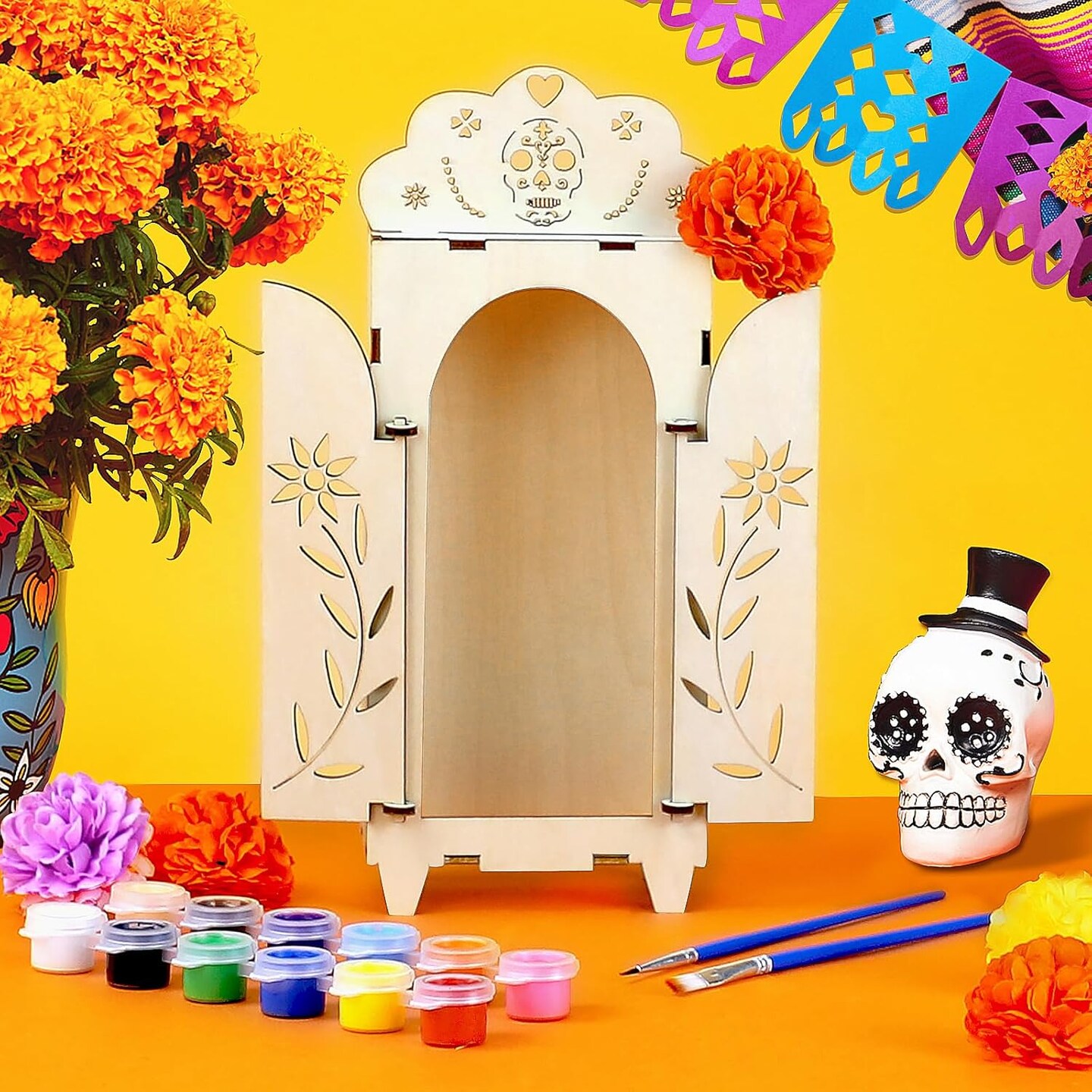 Dia De Los Muertos Altar Shadow Box - Wooden Day of The Dead Ofrenda Shadow Box - Crafts Ofrenda Decorations - DIY Skull Papel Picado Mexican Picture Frames Shrine Box (1PCS)