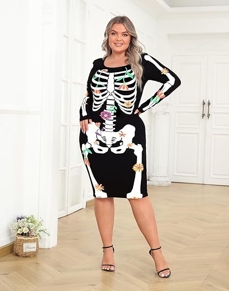 Women&#x27;s Skeleton Dress Halloween Costume Stretchy Long Sleeve Mini Dress